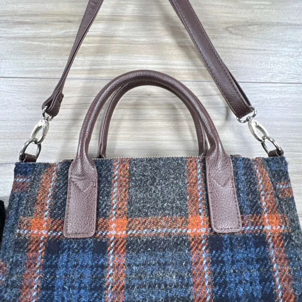 Glenn Appin Harris Tweed Wool Plaid Satchel Handbag and Wallet Set Blue Orange